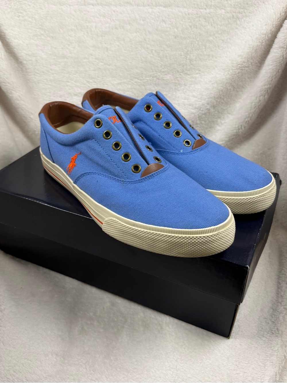 Polo by Ralph Lauren Light Blue Canvas Slip-On Sneakers with Orange Logo